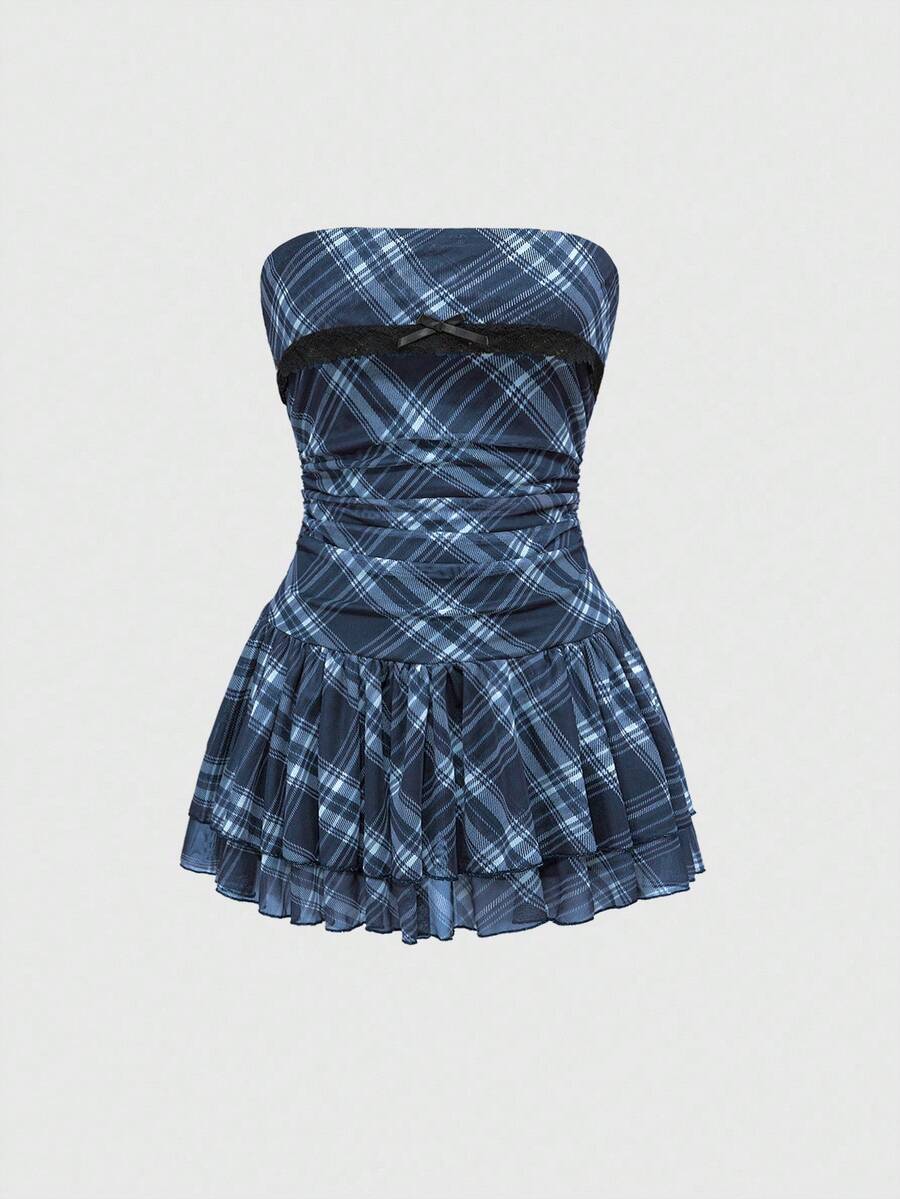 J-Fashion vintage sweet plaid printed strapless mini dress with bow detail, ruched bodice, layered ruffle hem, and matching inner mini shorts.
