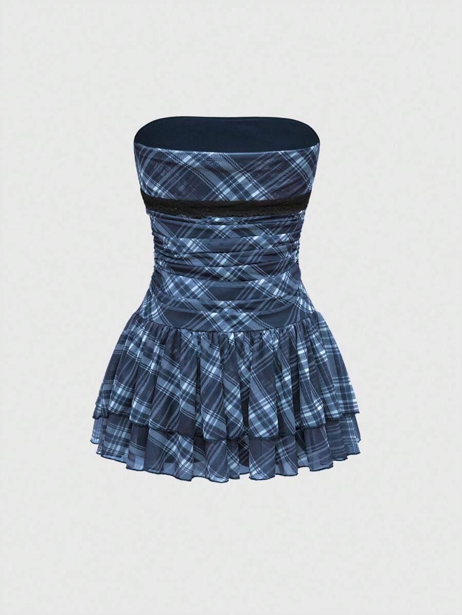 J-Fashion vintage sweet plaid printed strapless mini dress with bow detail, ruched bodice, layered ruffle hem, and matching inner mini shorts.