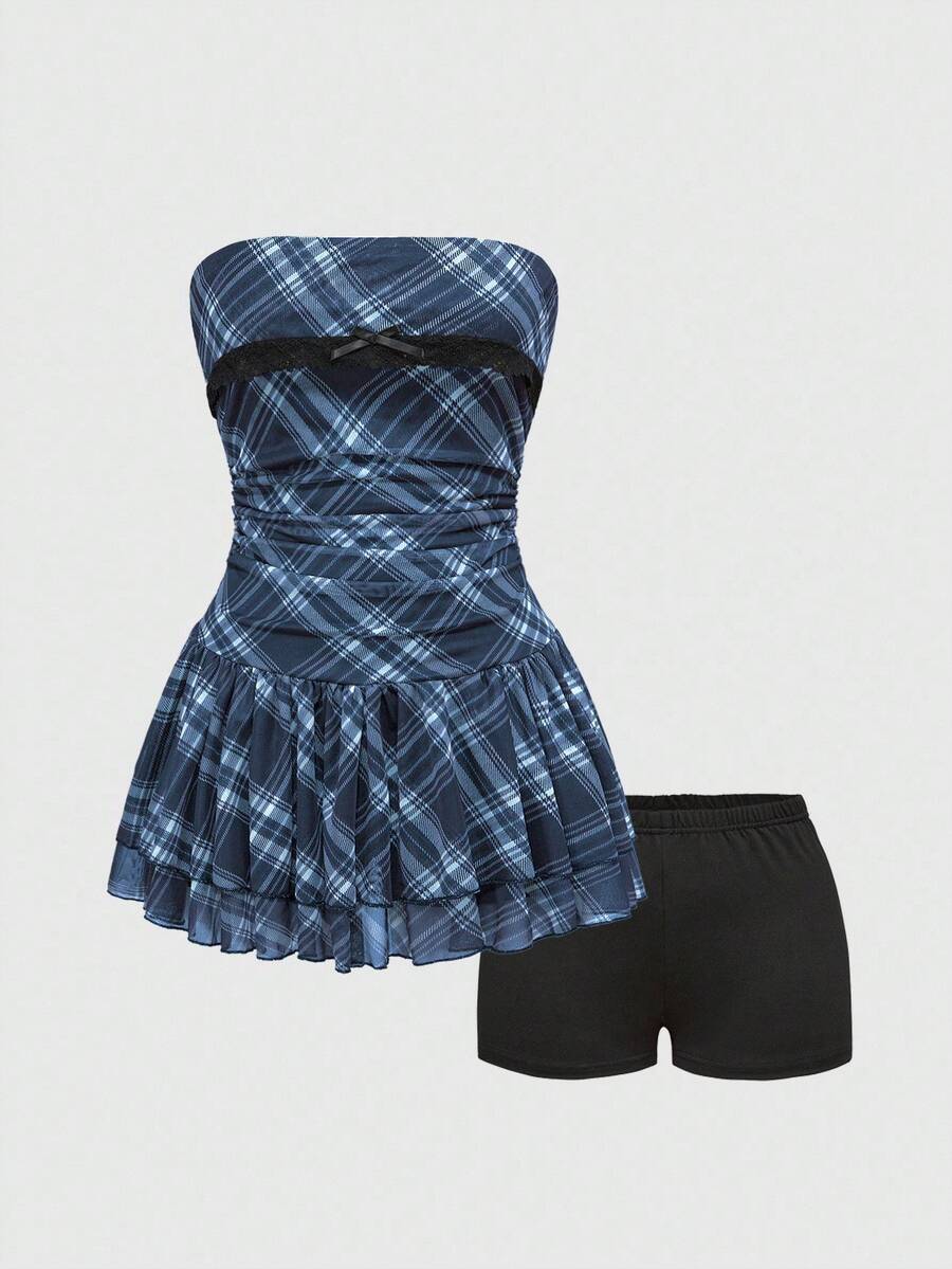 J-Fashion vintage sweet plaid printed strapless mini dress with bow detail, ruched bodice, layered ruffle hem, and matching inner mini shorts.