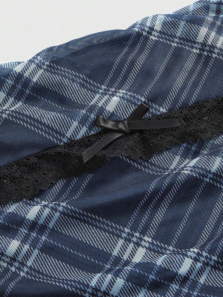 J-Fashion vintage sweet plaid printed strapless mini dress with bow detail, ruched bodice, layered ruffle hem, and matching inner mini shorts.