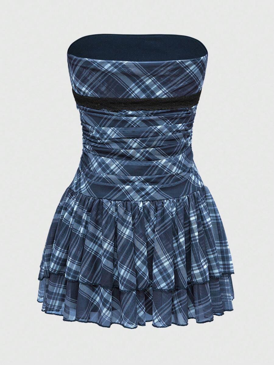 J-Fashion vintage sweet plaid printed strapless mini dress with bow detail, ruched bodice, layered ruffle hem, and matching inner mini shorts.