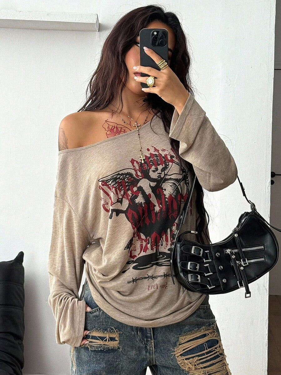 Women's brown striped boat neck long sleeve raglan T-shirt with a loose casual fit