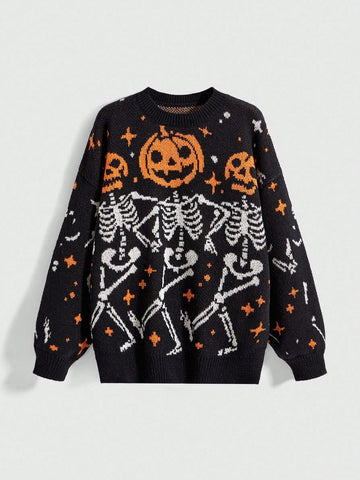 Multicolor women's oversized Halloween knit sweater featuring pumpkin and skull jacquard patterns with a round neck and drop-shoulder sleeves.