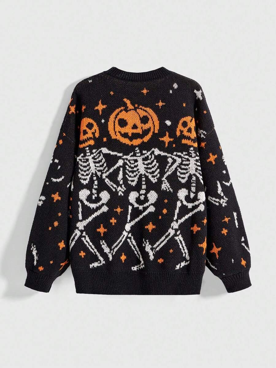 Multicolor women's oversized Halloween knit sweater featuring pumpkin and skull jacquard patterns with a round neck and drop-shoulder sleeves.