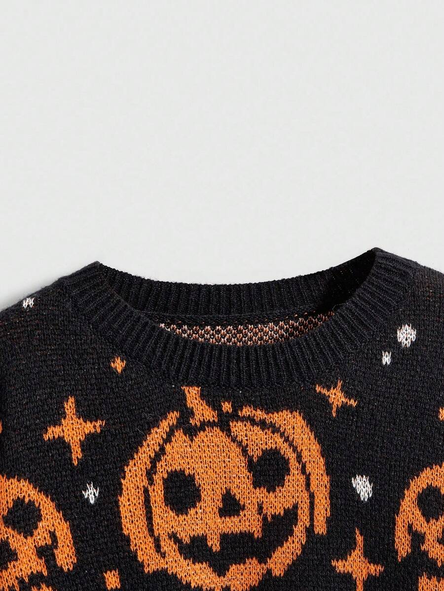 Multicolor women's oversized Halloween knit sweater featuring pumpkin and skull jacquard patterns with a round neck and drop-shoulder sleeves.