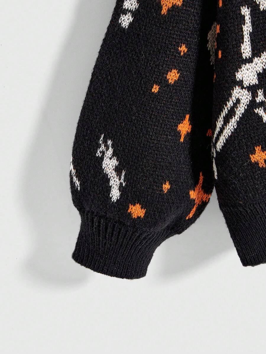 Multicolor women's oversized Halloween knit sweater featuring pumpkin and skull jacquard patterns with a round neck and drop-shoulder sleeves.