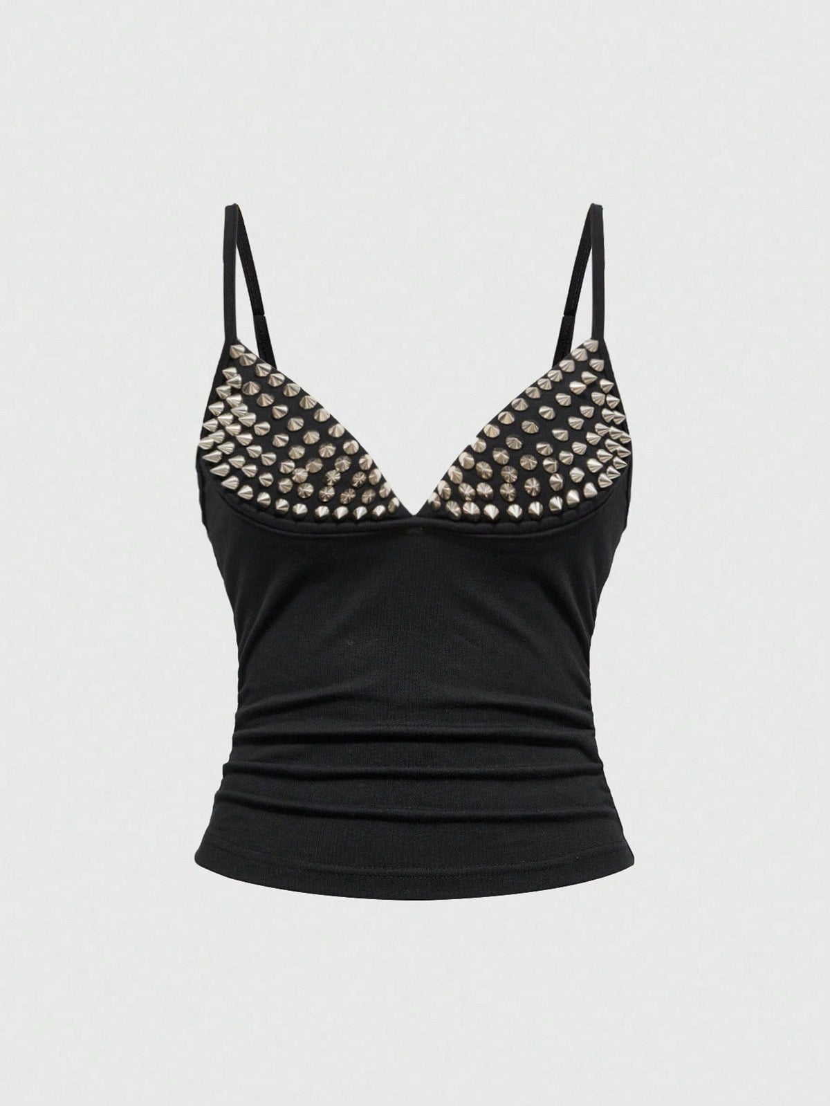 Women's slim fit sleeveless crop top featuring spaghetti straps, ruched detailing, and studded rhinestone accents.