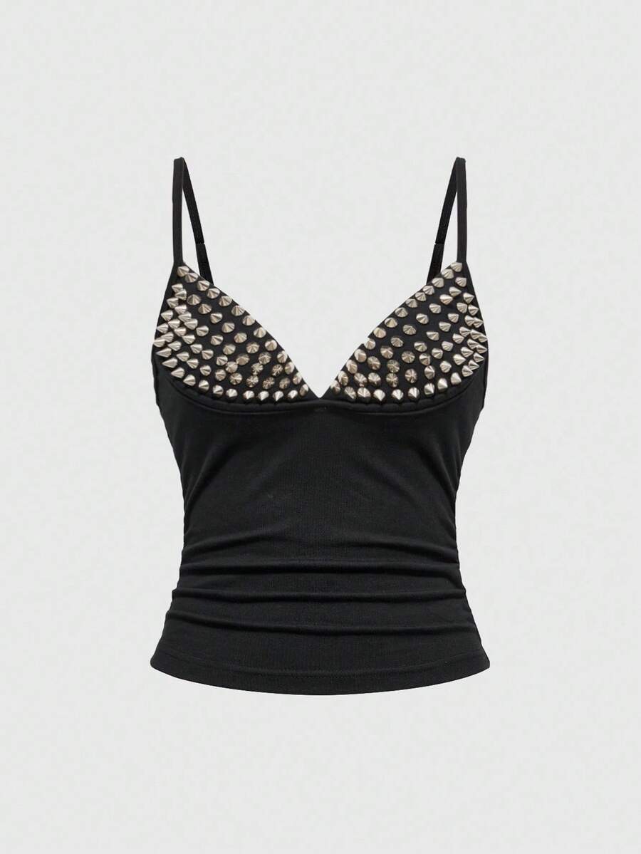 Women's slim fit sleeveless crop top featuring spaghetti straps, ruched detailing, and studded rhinestone accents.