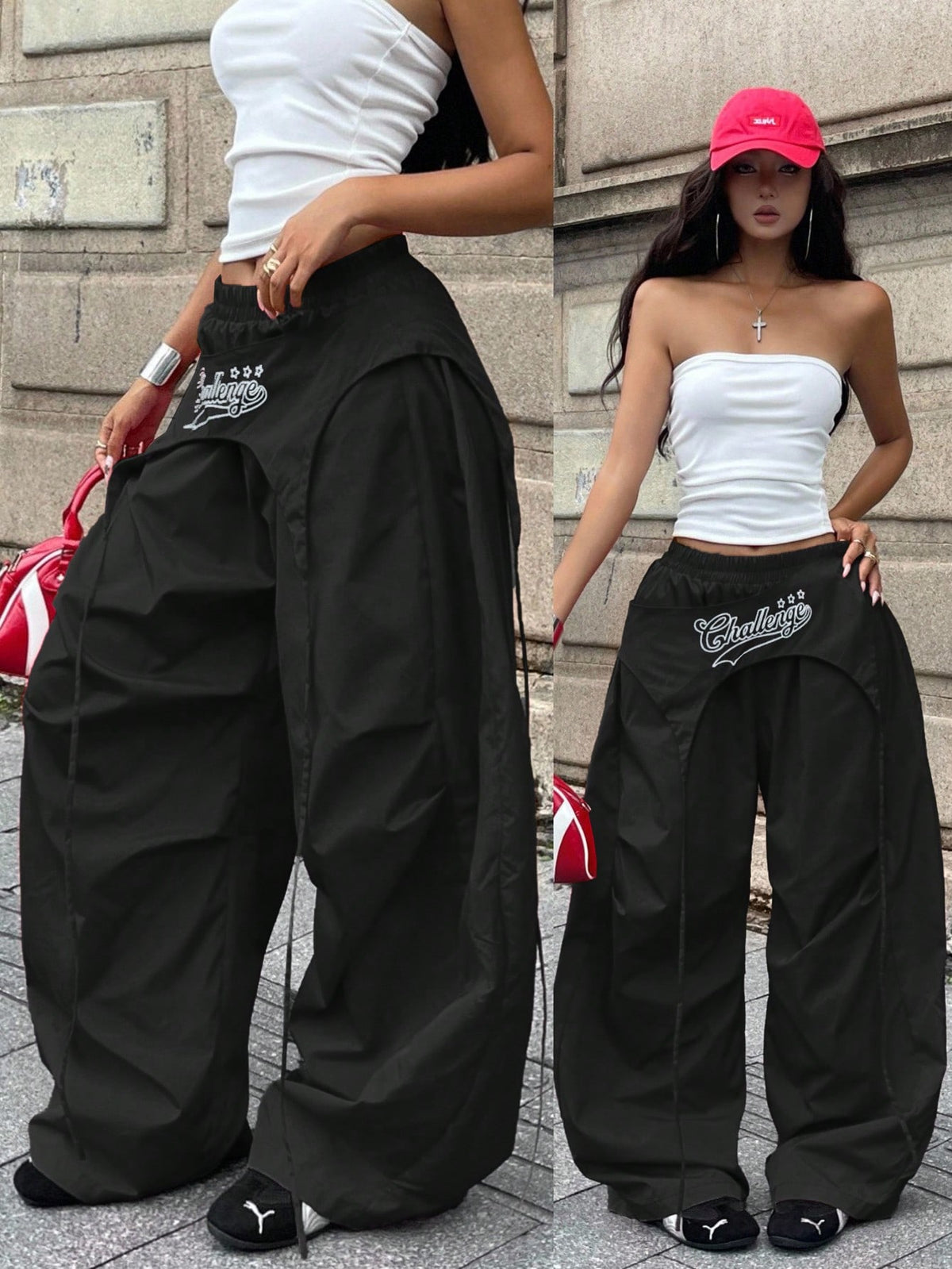 Women's loose fit wide leg parachute pants with elastic drawstring waist and side pockets