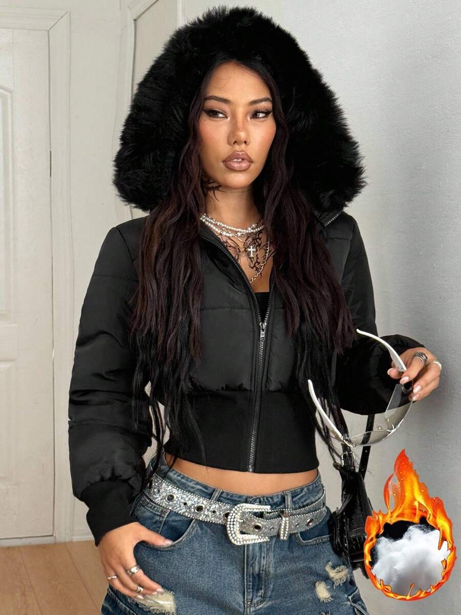 Women's brown cropped puffer jacket featuring a faux fur trimmed hood, front zipper, and ribbed hem.