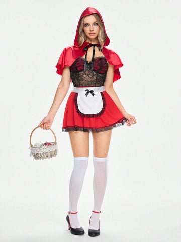 Multicolor women's 4-piece mushroom cosplay costume set featuring a hooded cloak, wireless bra top with bowknot decor, and matching bottoms.