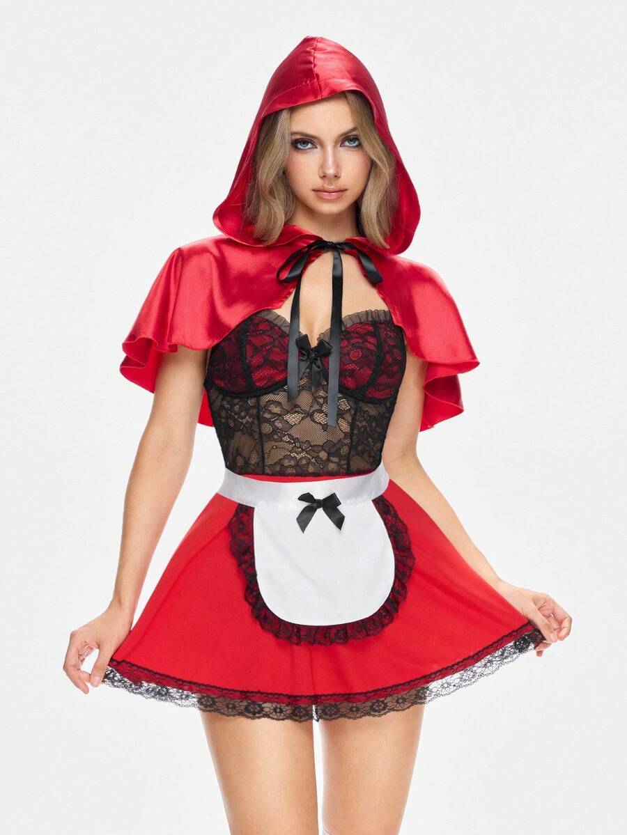 Multicolor women's 4-piece mushroom cosplay costume set featuring a hooded cloak, wireless bra top with bowknot decor, and matching bottoms.