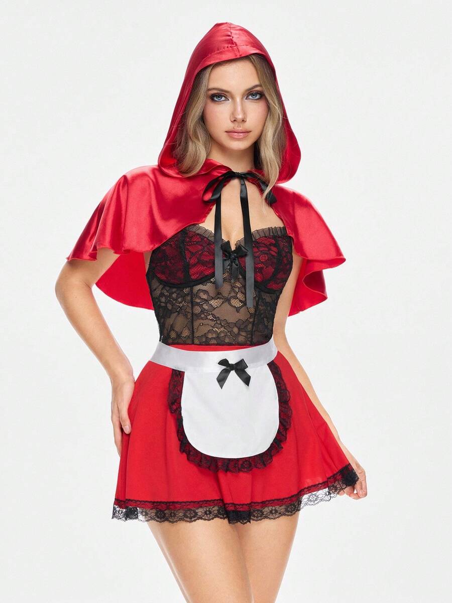Multicolor women's 4-piece mushroom cosplay costume set featuring a hooded cloak, wireless bra top with bowknot decor, and matching bottoms.