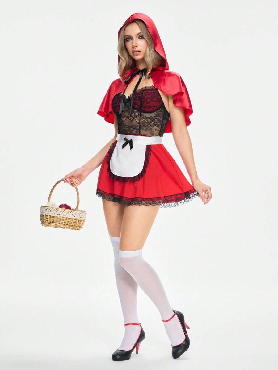 Multicolor women's 4-piece mushroom cosplay costume set featuring a hooded cloak, wireless bra top with bowknot decor, and matching bottoms.