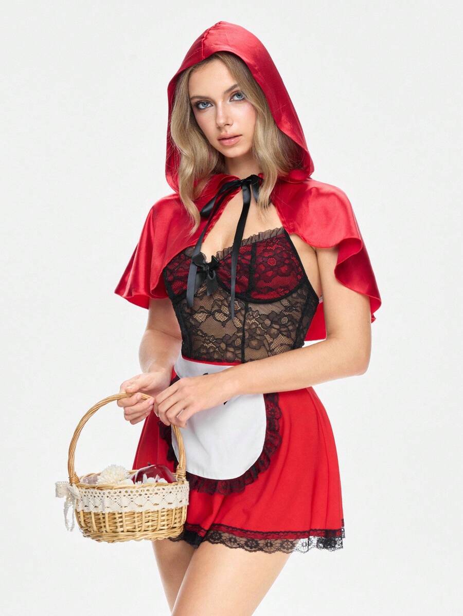 Multicolor women's 4-piece mushroom cosplay costume set featuring a hooded cloak, wireless bra top with bowknot decor, and matching bottoms.