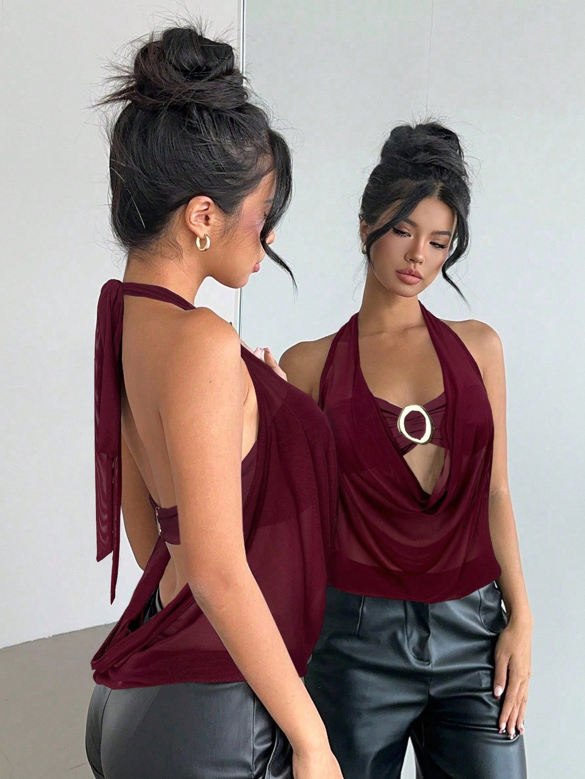 Brown and white polka dot semi-sheer halter camisole top with a plunging neckline, backless design, draped front, and metallic studded embellishments.