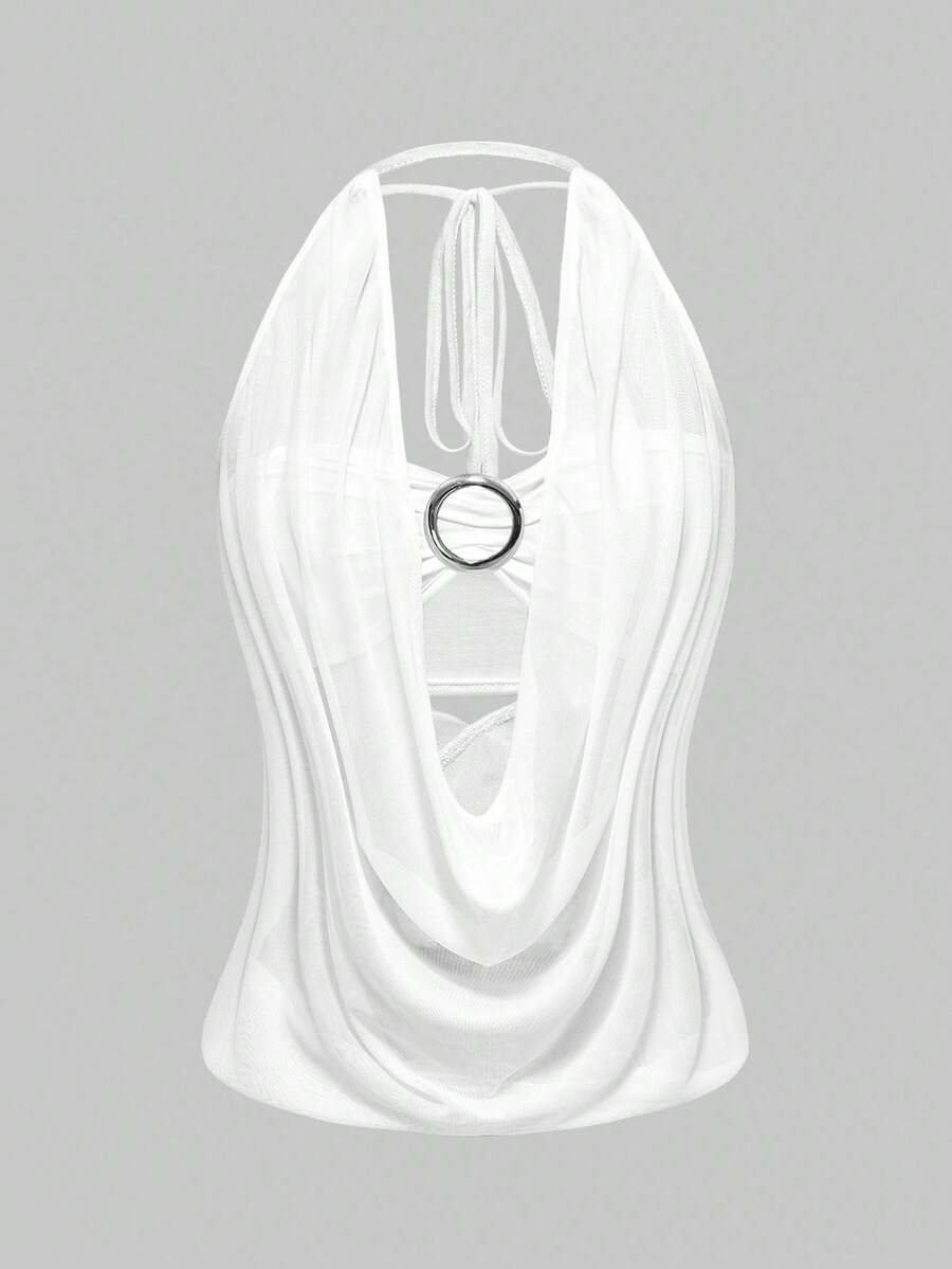 Women's Y2K retro crop tank top with draped halter neckline, cut-out detail, slim fit, and backless design