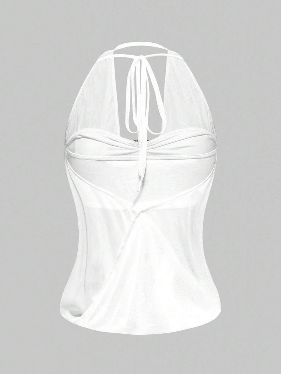 Women's Y2K retro crop tank top with draped halter neckline, cut-out detail, slim fit, and backless design