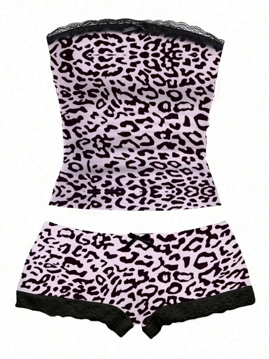 Women's contrast lace strapless camisole and shorts two-piece outfit with ruffle detail and slim fit styling