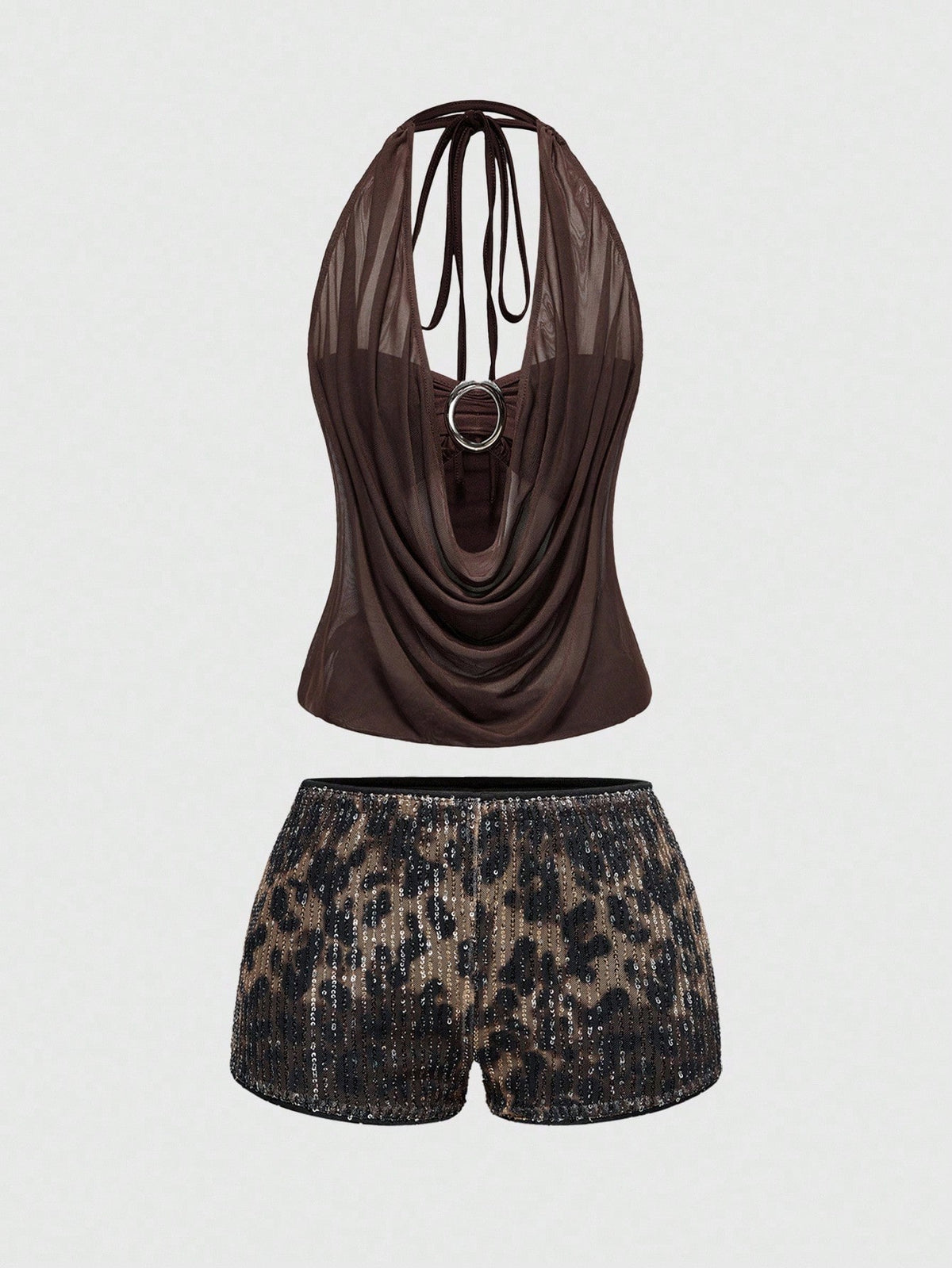 Women's two-piece outfit with a sleeveless halter cowl neck backless crop camisole, tie-back detail, bandeau inner, and leopard print shorts.