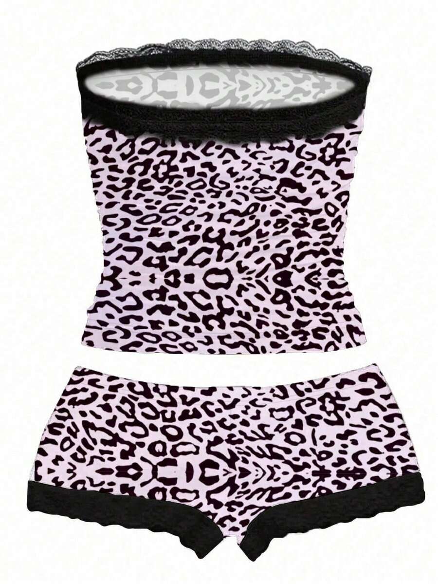Women's contrast lace strapless camisole and shorts two-piece outfit with ruffle detail and slim fit styling