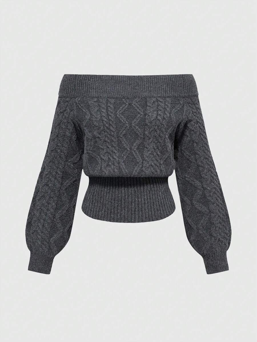 Women's off-the-shoulder rib-knit pullover sweater with three-quarter sleeves in a casual regular fit.