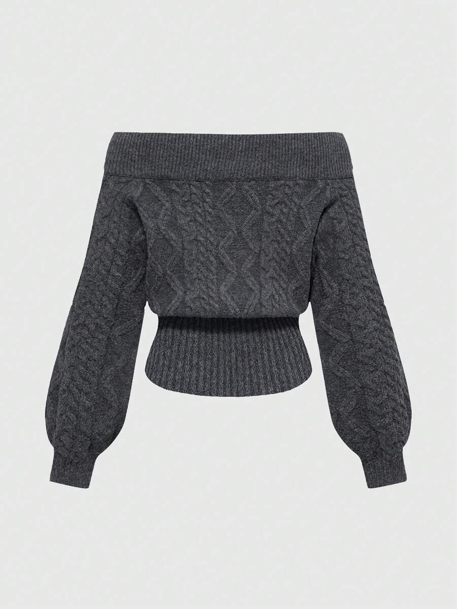 Women's off-the-shoulder rib-knit pullover sweater with three-quarter sleeves in a casual regular fit.