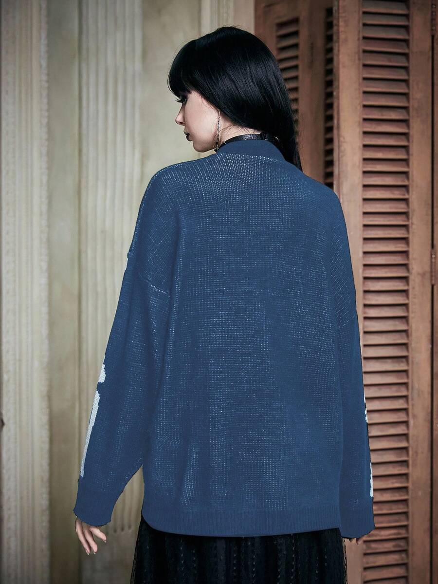 Women's oversized skeleton pattern cardigan with long drop shoulder sleeves and rib-knit trim