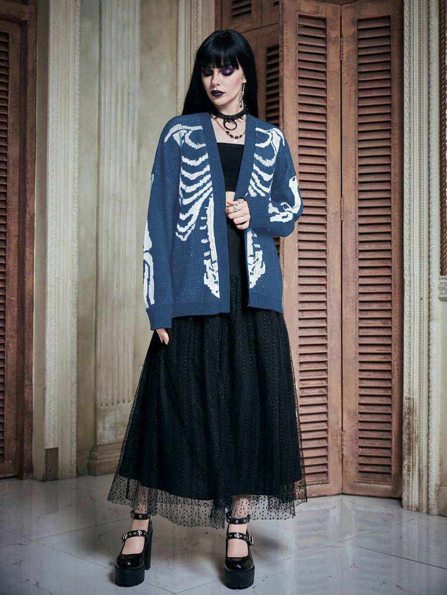Women's oversized skeleton pattern cardigan with long drop shoulder sleeves and rib-knit trim