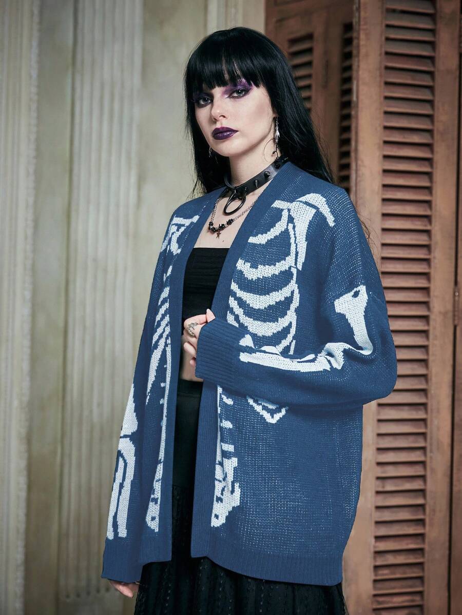 Women's oversized skeleton pattern cardigan with long drop shoulder sleeves and rib-knit trim