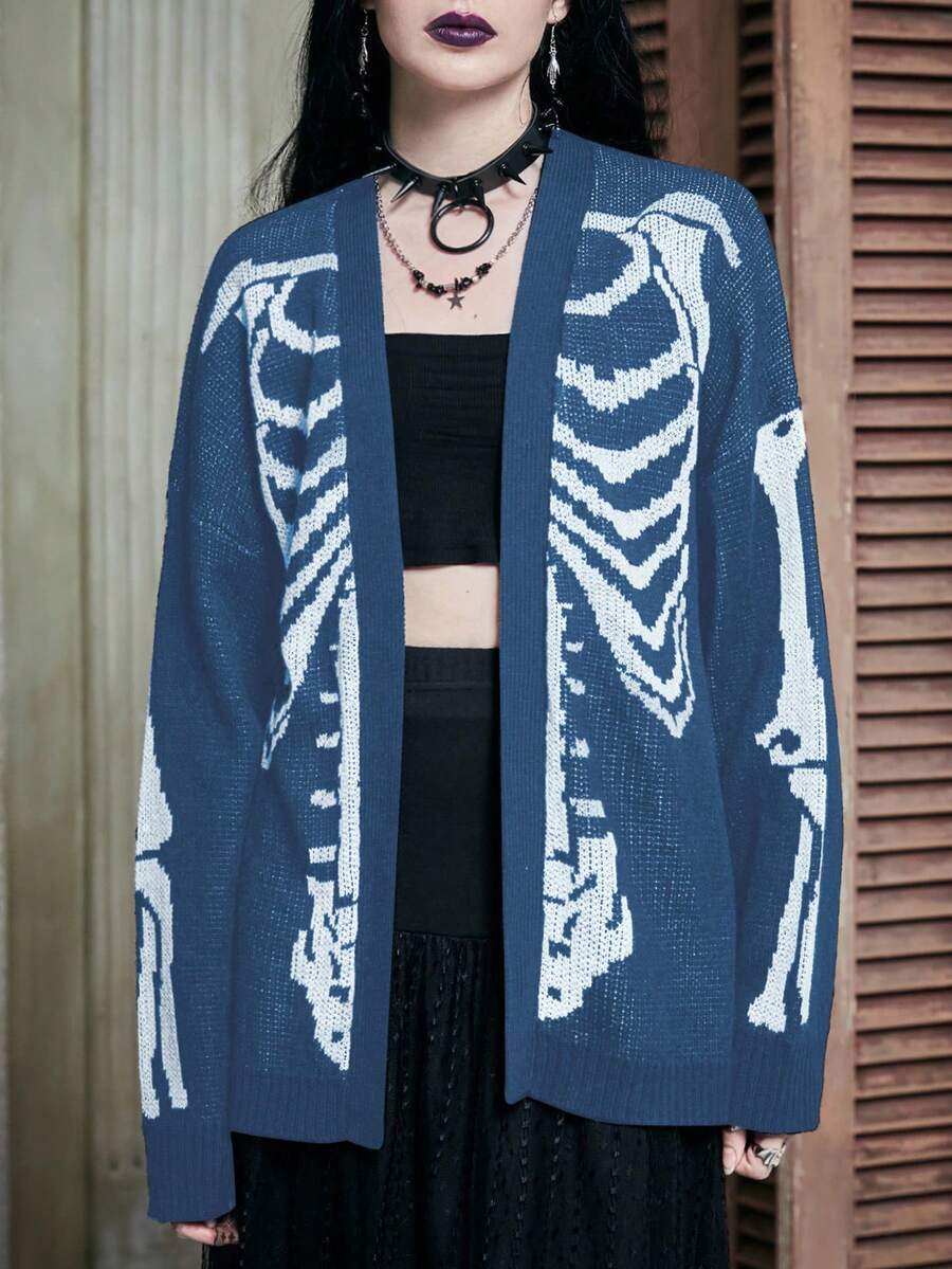 Women's oversized skeleton pattern cardigan with long drop shoulder sleeves and rib-knit trim