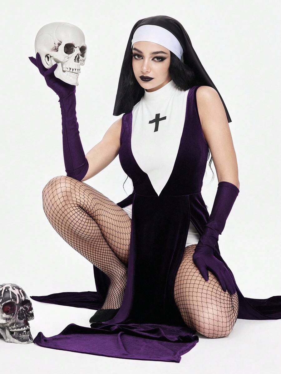 Women's slim fit Halloween role-play costume featuring sheer contrast mesh, stand collar, belted waist, and arm sleeves.
