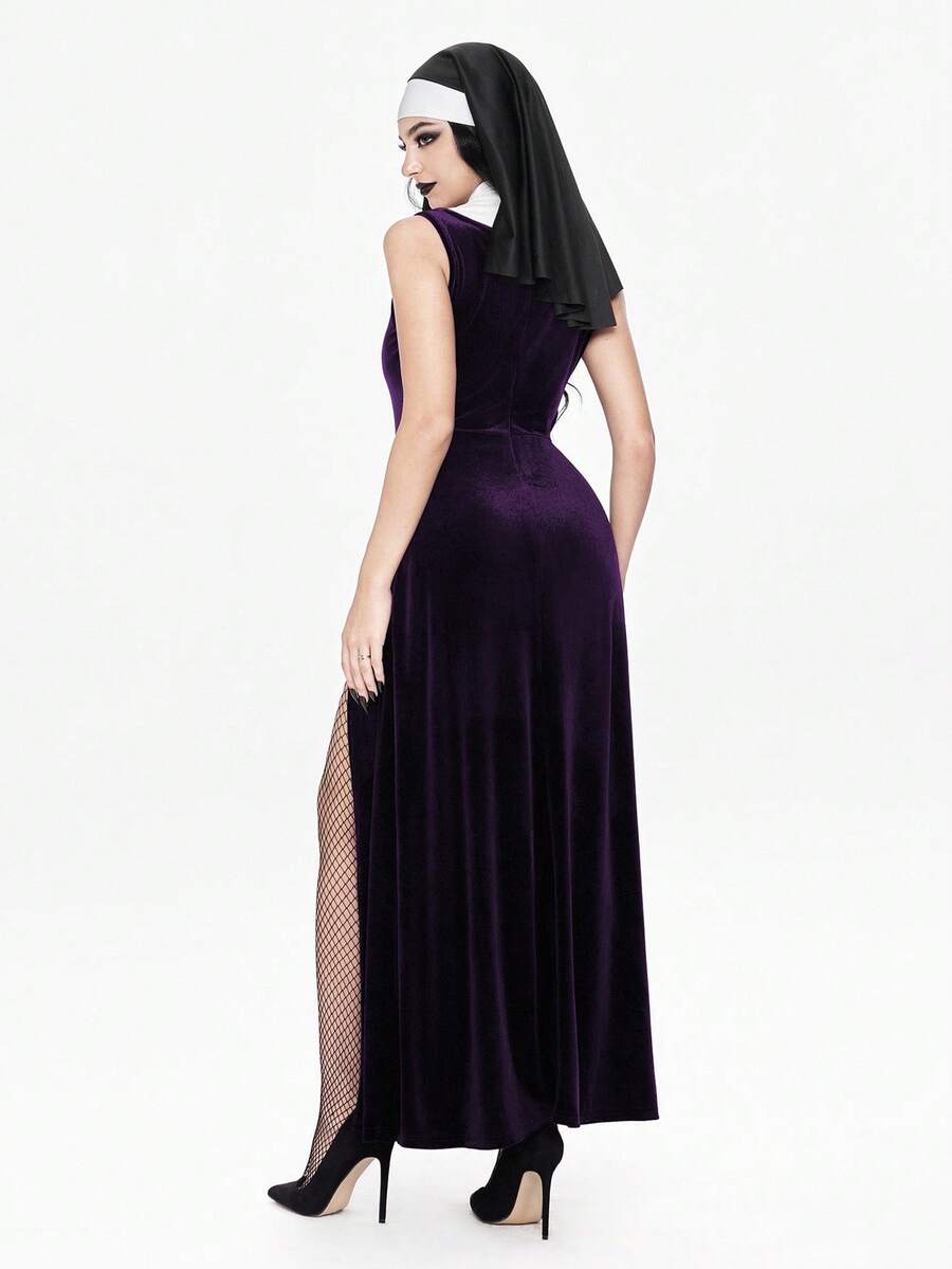 Women's slim fit Halloween role-play costume featuring sheer contrast mesh, stand collar, belted waist, and arm sleeves.