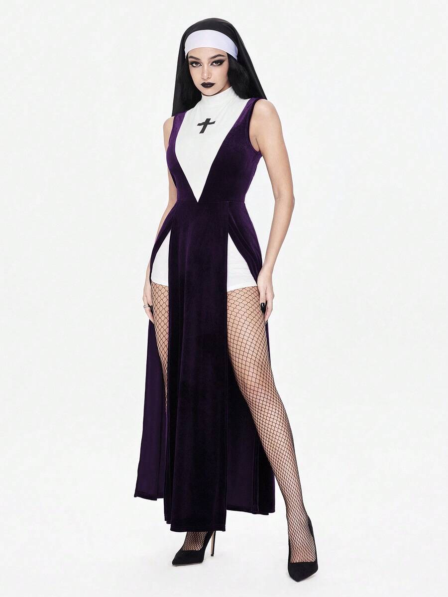 Women's slim fit Halloween role-play costume featuring sheer contrast mesh, stand collar, belted waist, and arm sleeves.