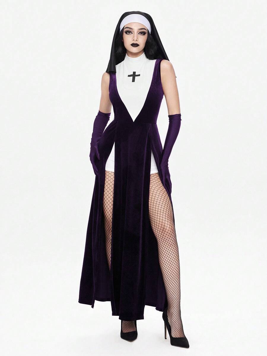 Women's slim fit Halloween role-play costume featuring sheer contrast mesh, stand collar, belted waist, and arm sleeves.