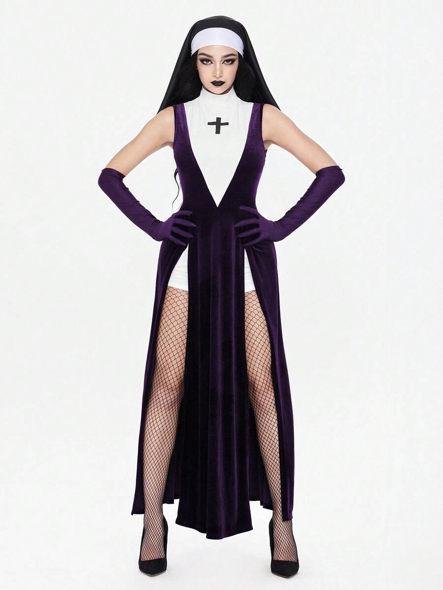 Women's slim fit Halloween role-play costume featuring sheer contrast mesh, stand collar, belted waist, and arm sleeves.