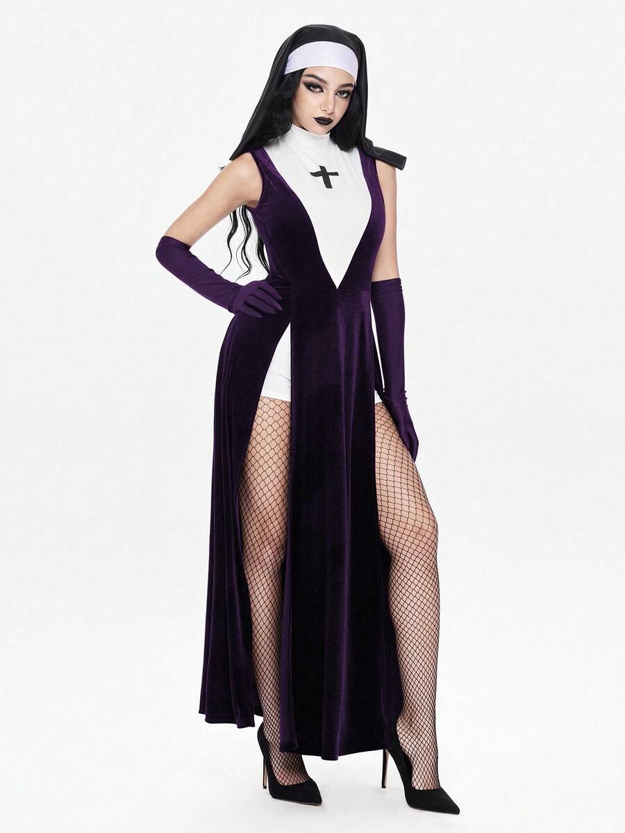 Women's slim fit Halloween role-play costume featuring sheer contrast mesh, stand collar, belted waist, and arm sleeves.