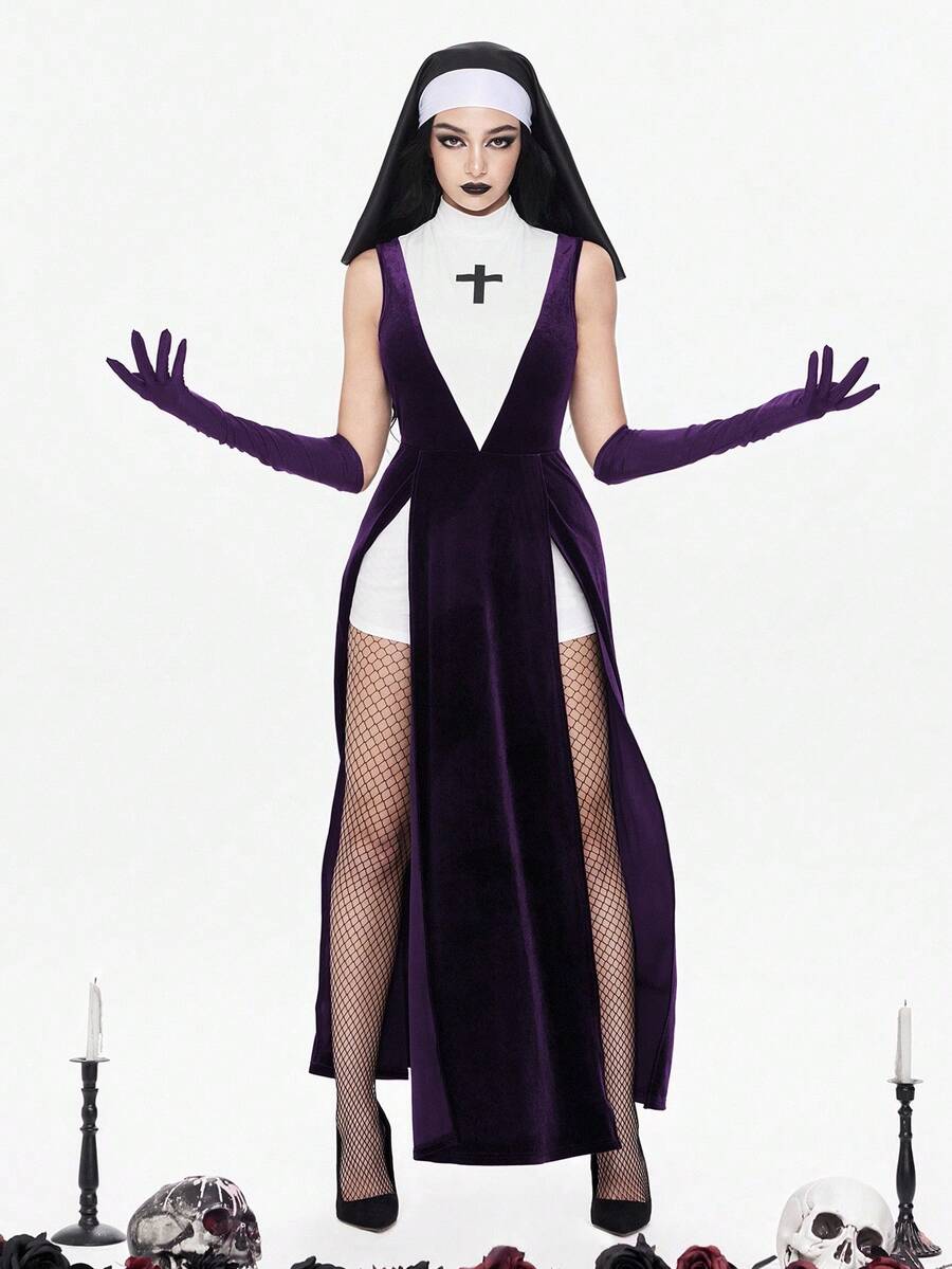 Women's slim fit Halloween role-play costume featuring sheer contrast mesh, stand collar, belted waist, and arm sleeves.