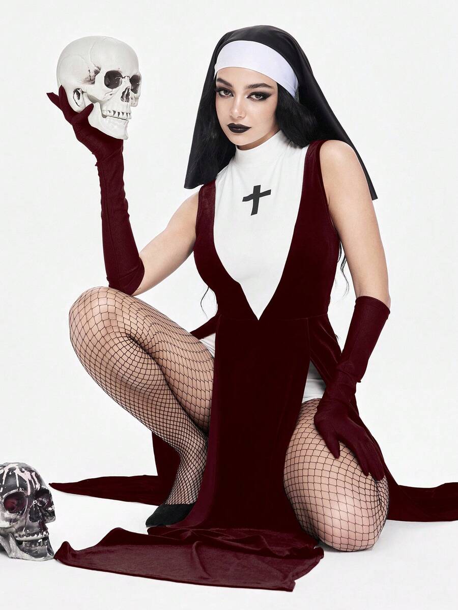Women's slim fit Halloween role-play costume featuring sheer contrast mesh, stand collar, belted waist, and arm sleeves.