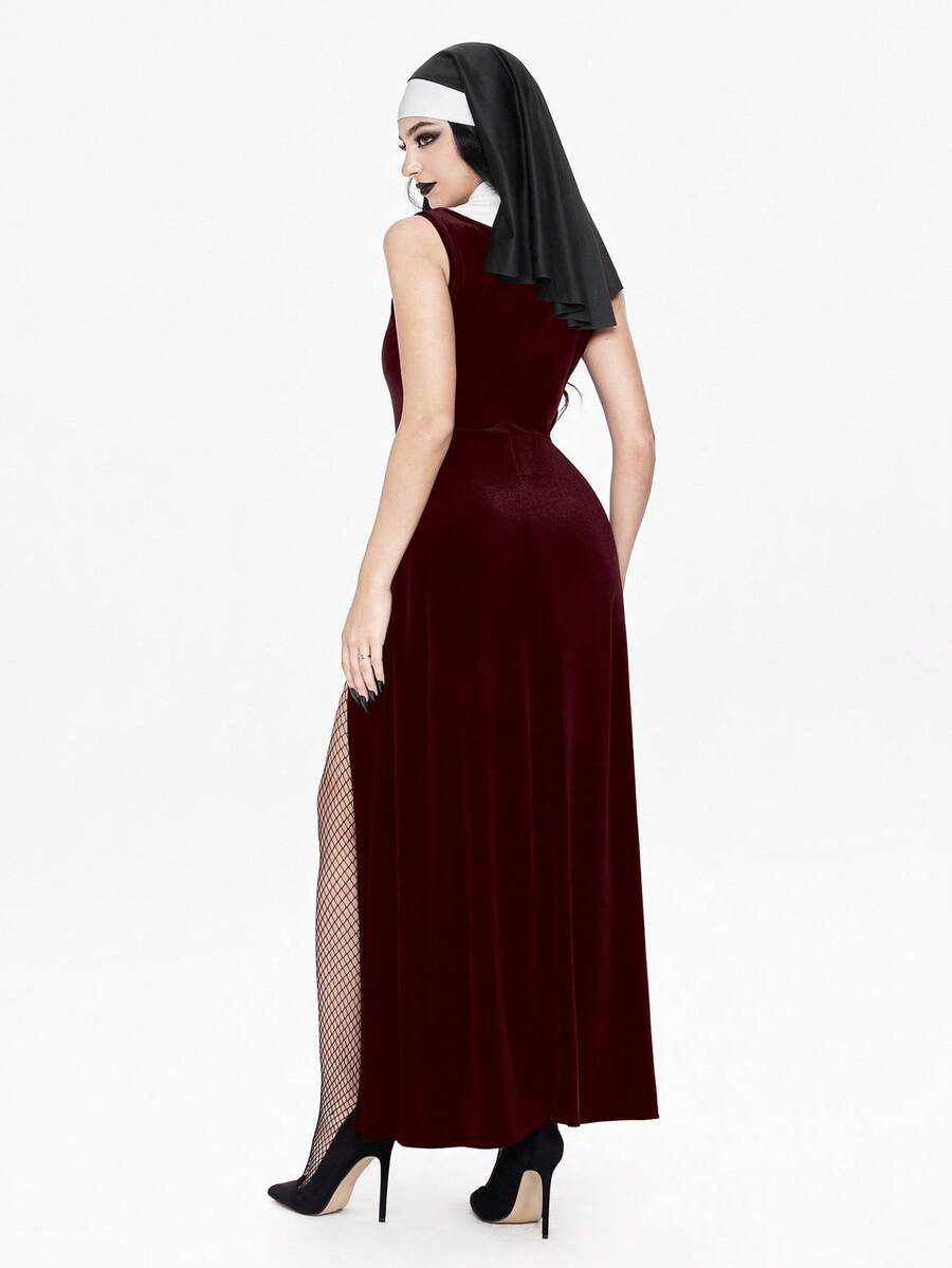 Women's slim fit Halloween role-play costume featuring sheer contrast mesh, stand collar, belted waist, and arm sleeves.
