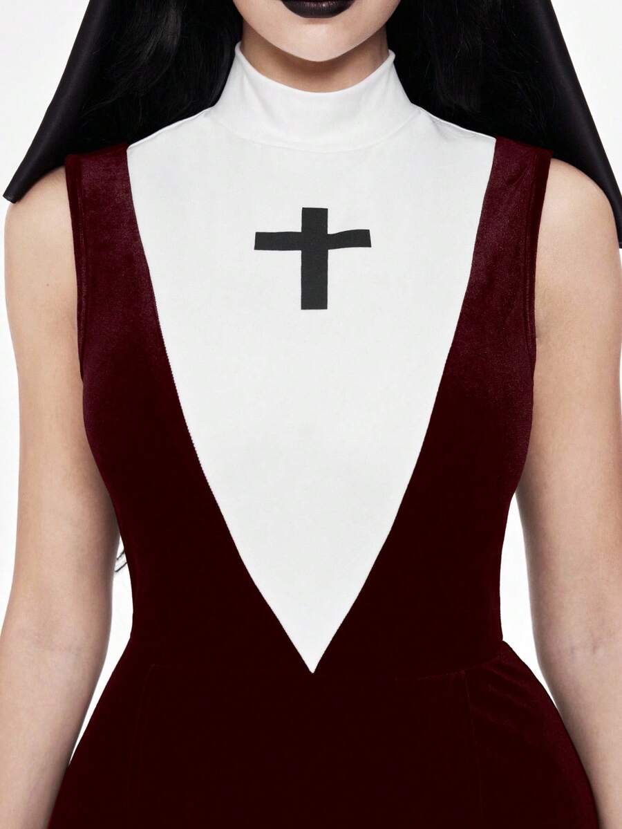 Women's slim fit Halloween role-play costume featuring sheer contrast mesh, stand collar, belted waist, and arm sleeves.
