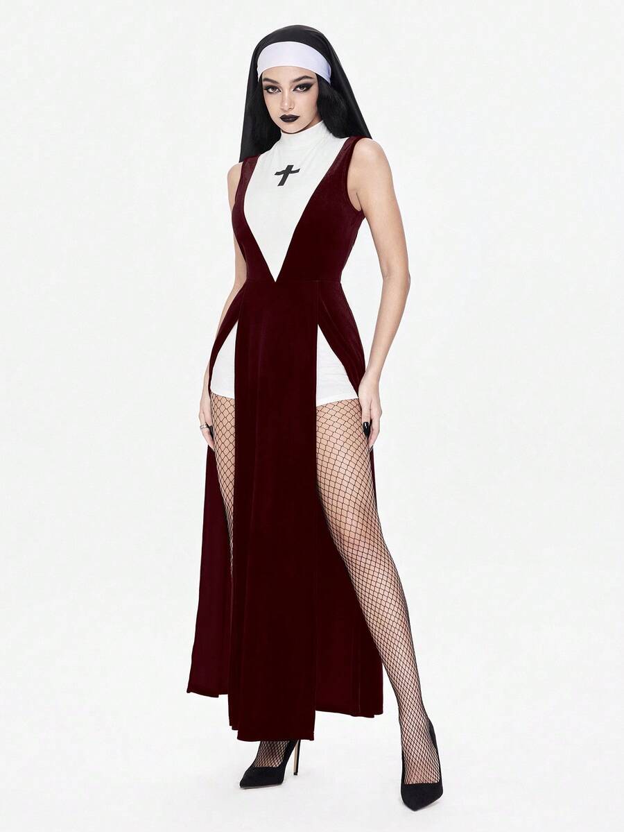 Women's slim fit Halloween role-play costume featuring sheer contrast mesh, stand collar, belted waist, and arm sleeves.