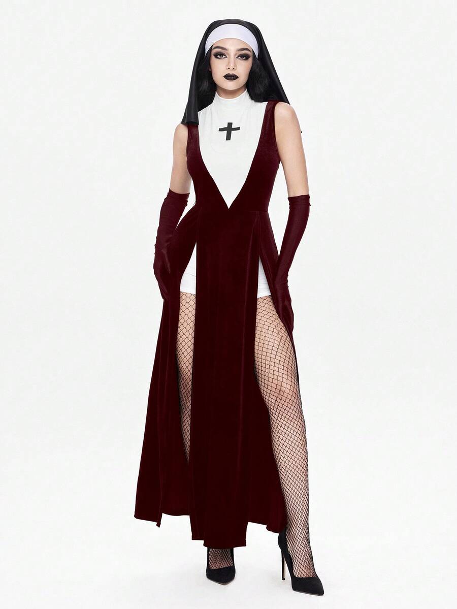 Women's slim fit Halloween role-play costume featuring sheer contrast mesh, stand collar, belted waist, and arm sleeves.