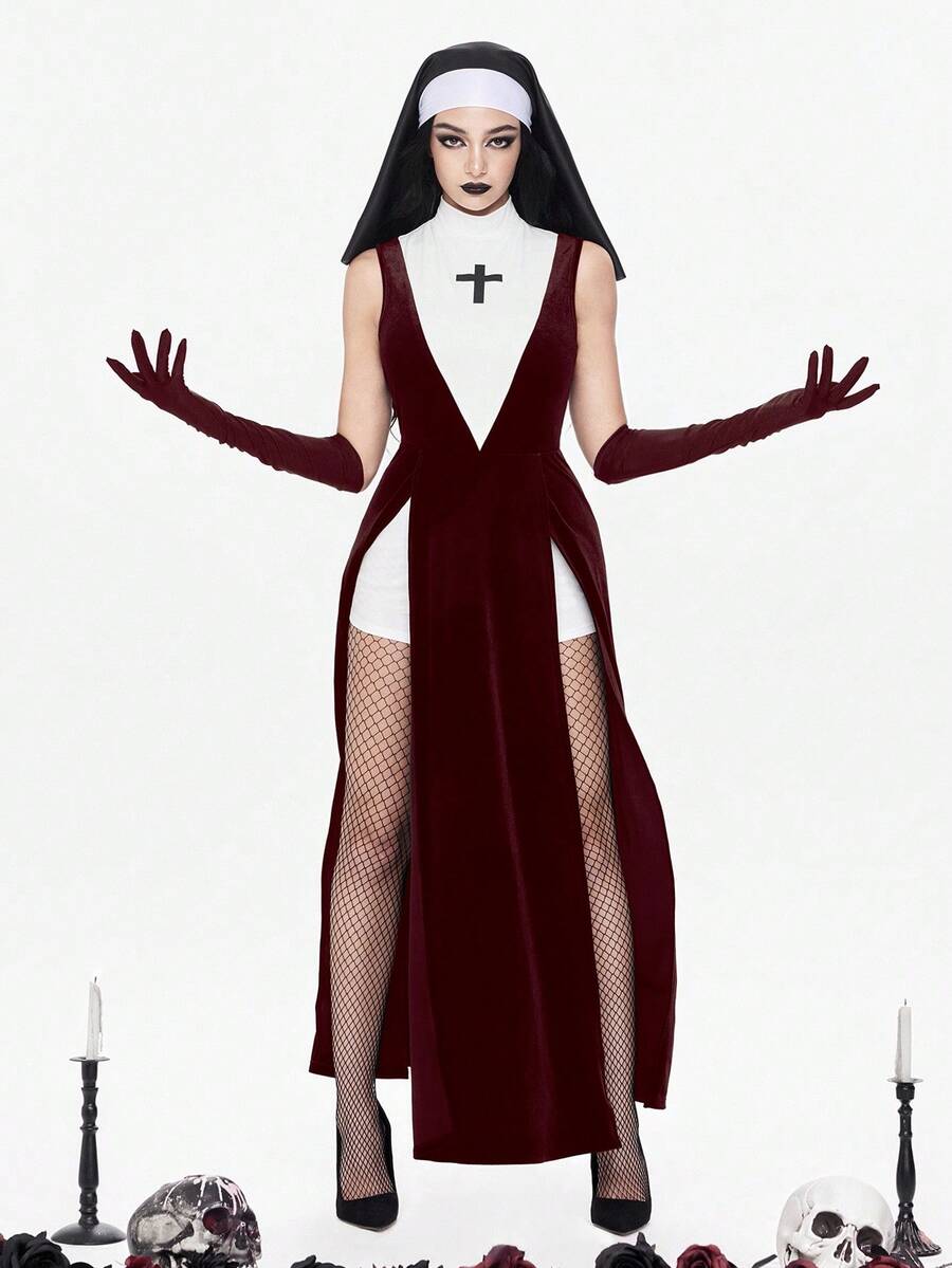 Women's slim fit Halloween role-play costume featuring sheer contrast mesh, stand collar, belted waist, and arm sleeves.