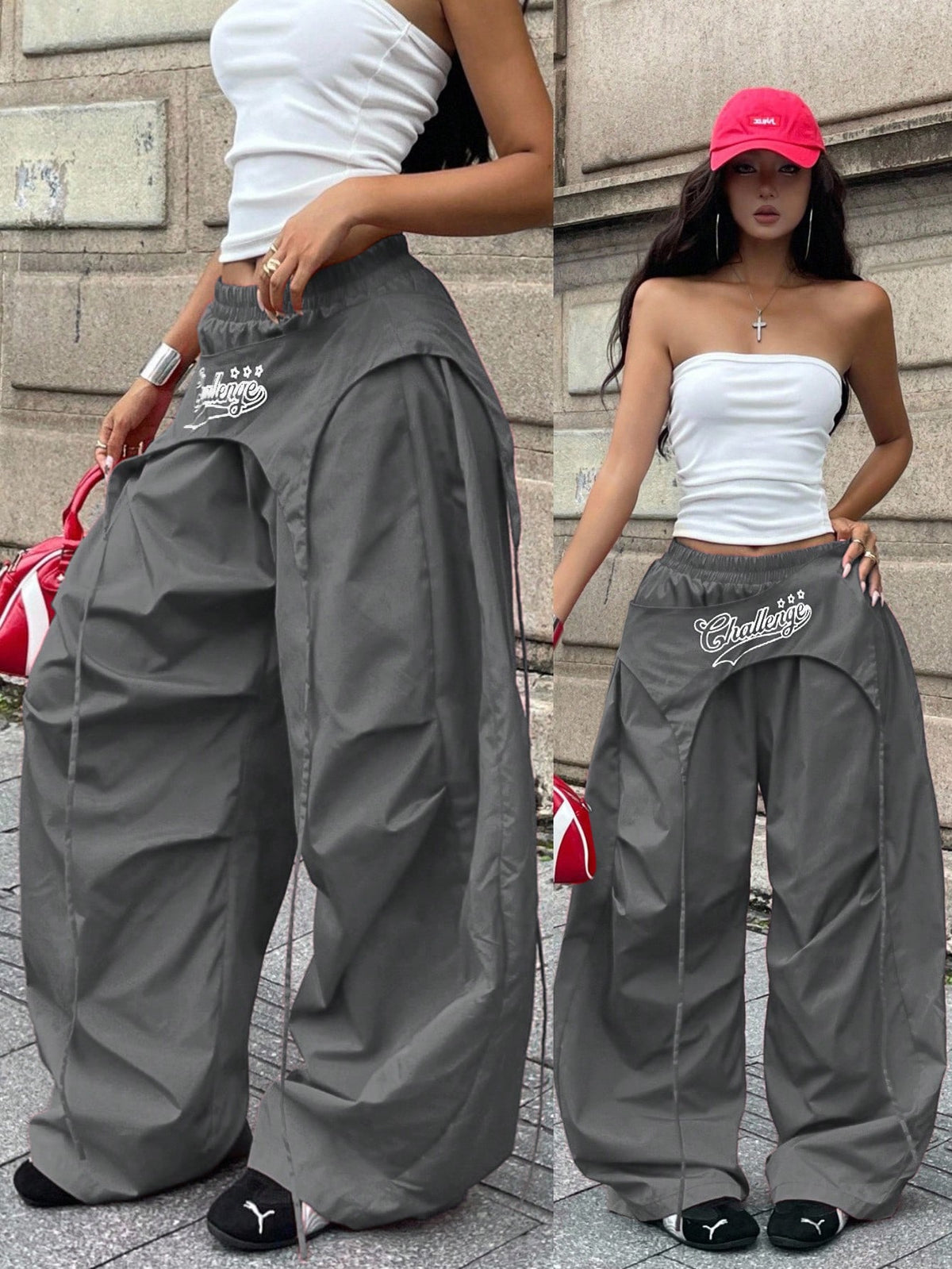 Women's loose fit wide leg parachute pants with elastic drawstring waist and side pockets
