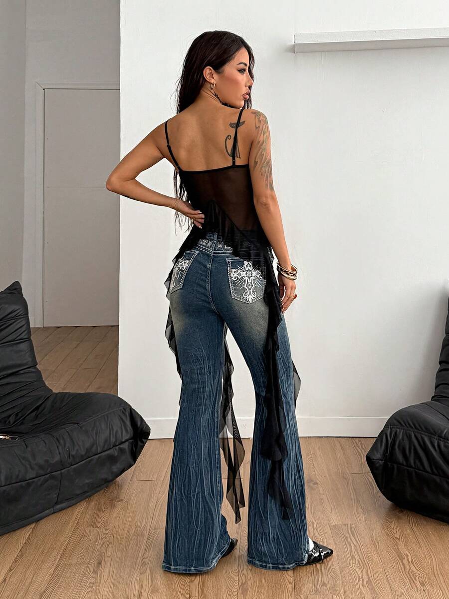 Burgundy sleeveless asymmetrical mesh long top for women featuring spaghetti straps and lace-up details with a slim fit.