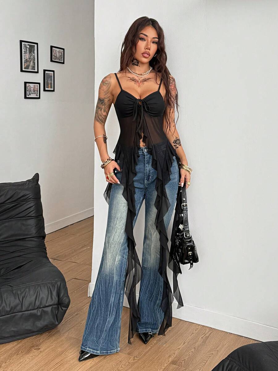 Burgundy sleeveless asymmetrical mesh long top for women featuring spaghetti straps and lace-up details with a slim fit.
