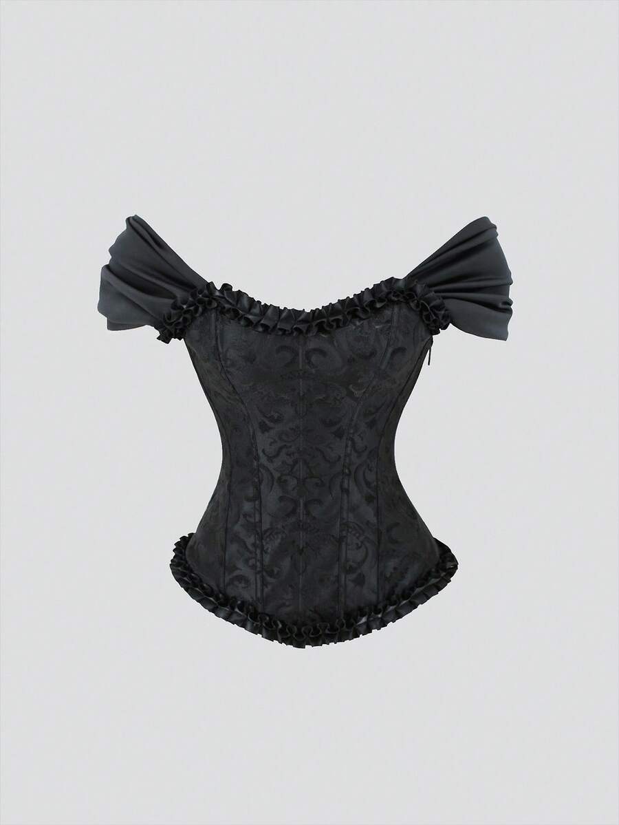 Women's elegant off-the-shoulder sleeveless camisole top featuring frill trim, lace-up front, and asymmetrical hem design.