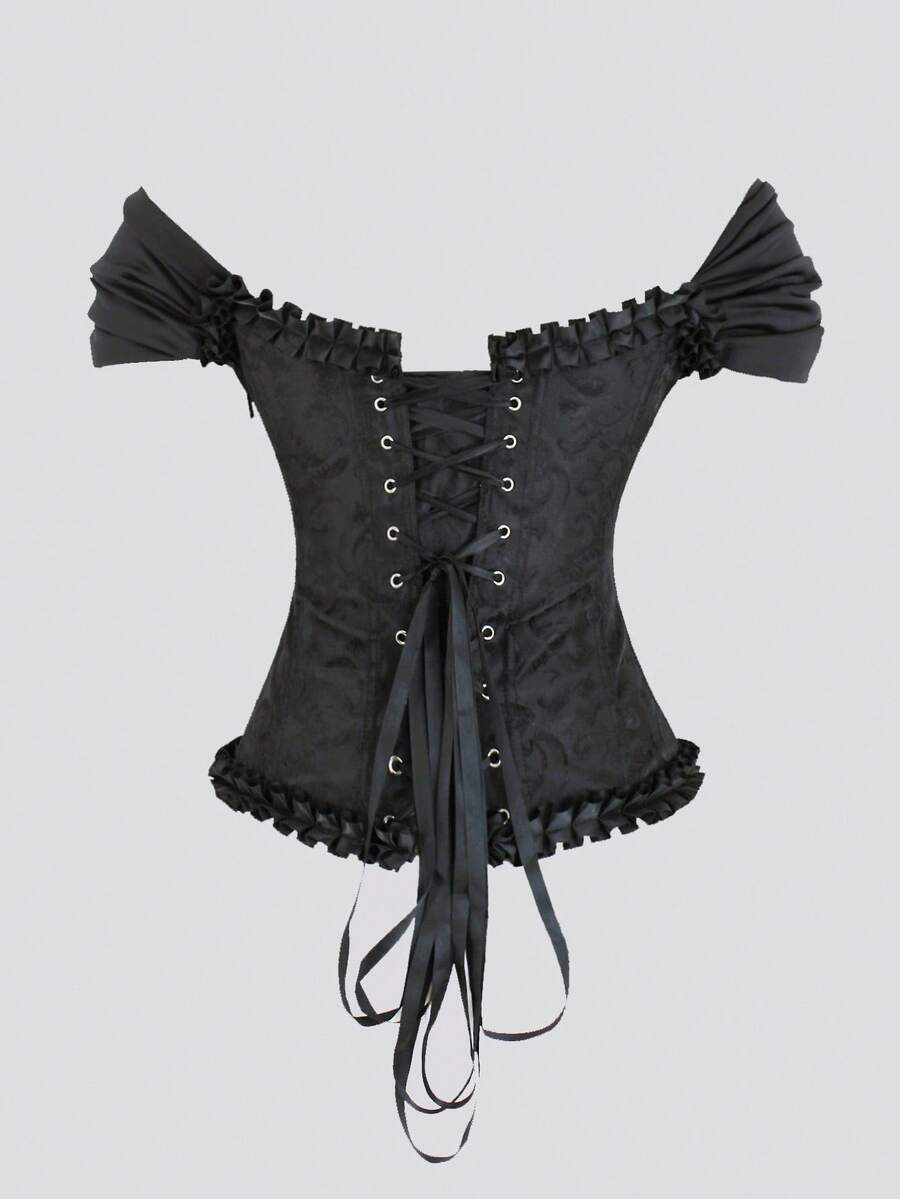 Women's elegant off-the-shoulder sleeveless camisole top featuring frill trim, lace-up front, and asymmetrical hem design.