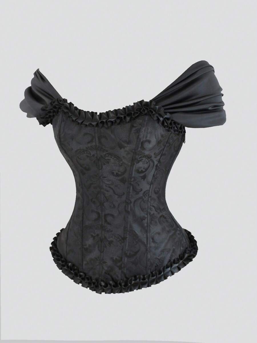 Women's elegant off-the-shoulder sleeveless camisole top featuring frill trim, lace-up front, and asymmetrical hem design.